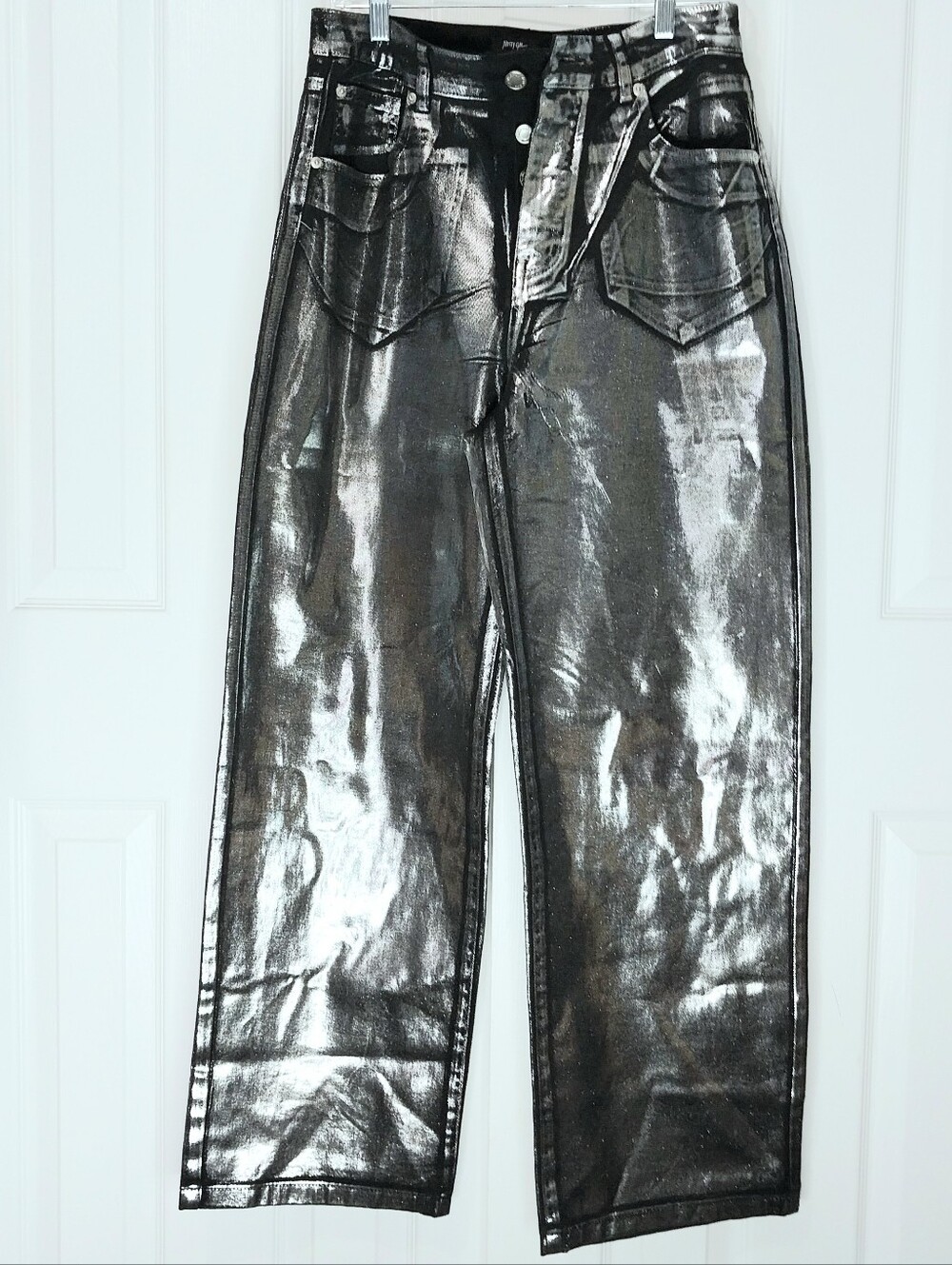Nasty‎ Gal Button Fly Metallic Silver High Rise, Wide Leg Jeans, NEW, Size 8